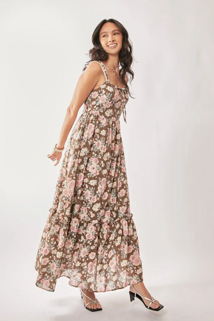 Floral Tie Strap Maxi Dress – Ruffle Hem A-Line Dress with Bow Detail
