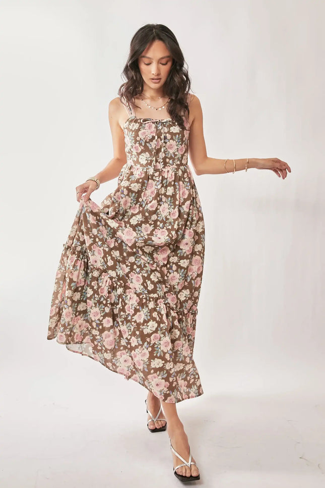 Floral Tie Strap Maxi Dress – Ruffle Hem A-Line Dress with Bow Detail