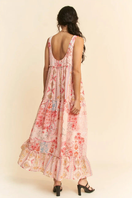 Patchwork Print Tiered Maxi Dress – Sleeveless Boho Swing Dress