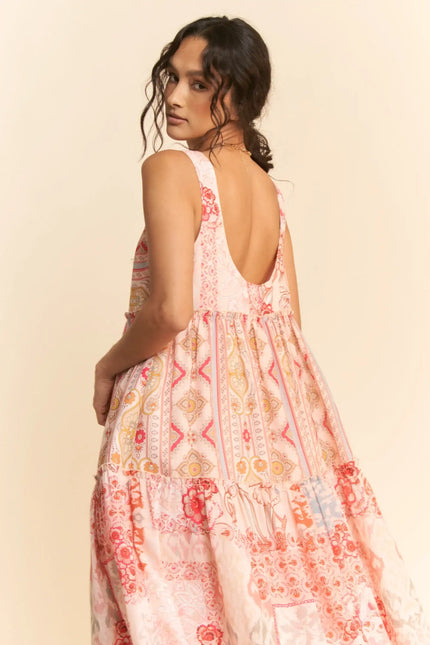 Patchwork Print Tiered Maxi Dress – Sleeveless Boho Swing Dress