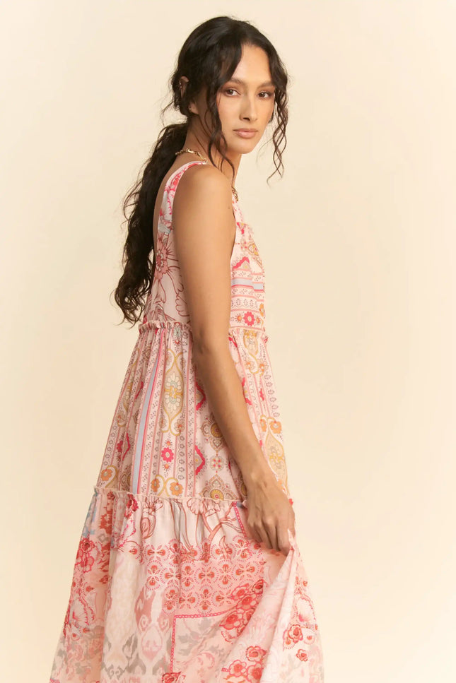 Patchwork Print Tiered Maxi Dress – Sleeveless Boho Swing Dress