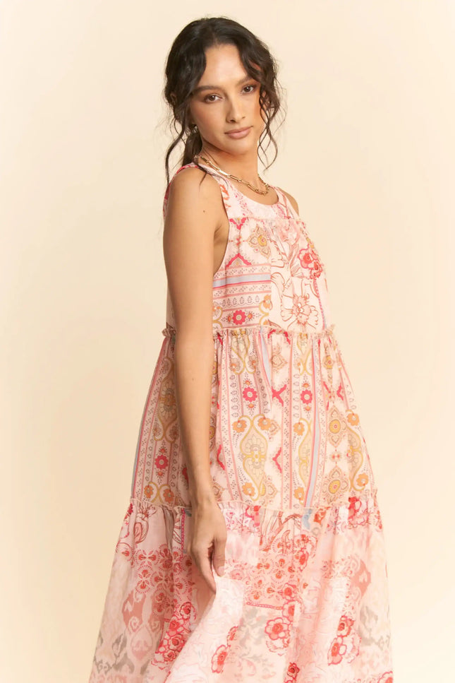 Patchwork Print Tiered Maxi Dress – Sleeveless Boho Swing Dress