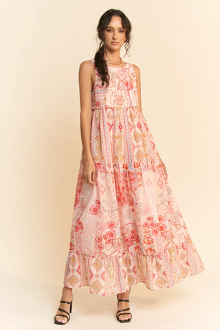 Patchwork Print Tiered Maxi Dress – Sleeveless Boho Swing Dress