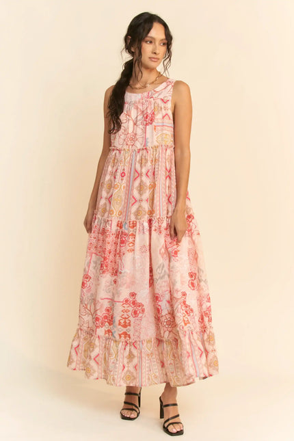 Patchwork Print Tiered Maxi Dress – Sleeveless Boho Swing Dress