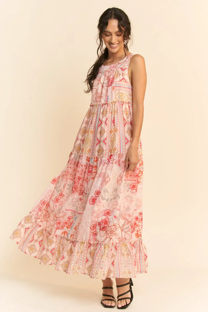 Patchwork Print Tiered Maxi Dress – Sleeveless Boho Swing Dress