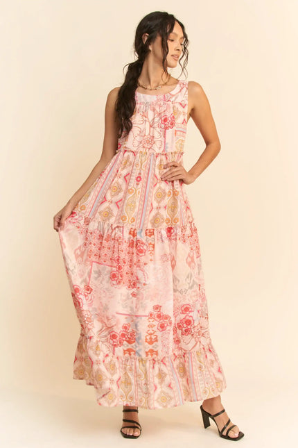 Patchwork Print Tiered Maxi Dress – Sleeveless Boho Swing Dress
