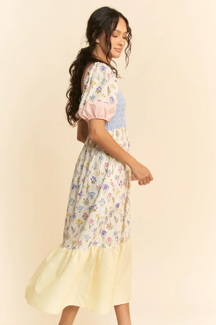 Smocked Bodice Puff Sleeve Midi Dress – Colorblock Floral Patch Tiered Skirt