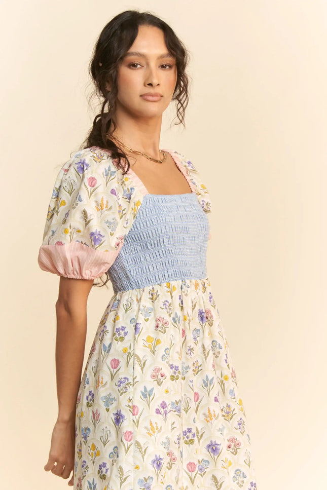 Smocked Bodice Puff Sleeve Midi Dress – Colorblock Floral Patch Tiered Skirt