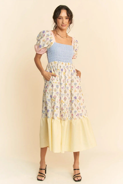 Smocked Bodice Puff Sleeve Midi Dress – Colorblock Floral Patch Tiered Skirt