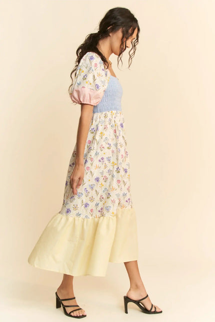 Smocked Bodice Puff Sleeve Midi Dress – Colorblock Floral Patch Tiered Skirt
