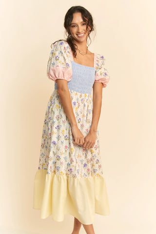 Smocked Bodice Puff Sleeve Midi Dress – Colorblock Floral Patch Tiered Skirt