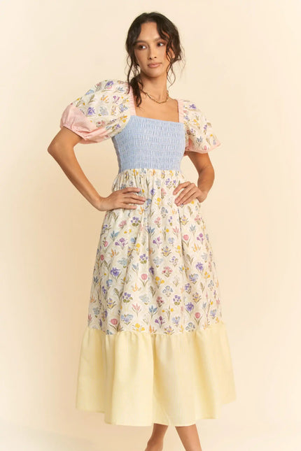 Smocked Bodice Puff Sleeve Midi Dress – Colorblock Floral Patch Tiered Skirt
