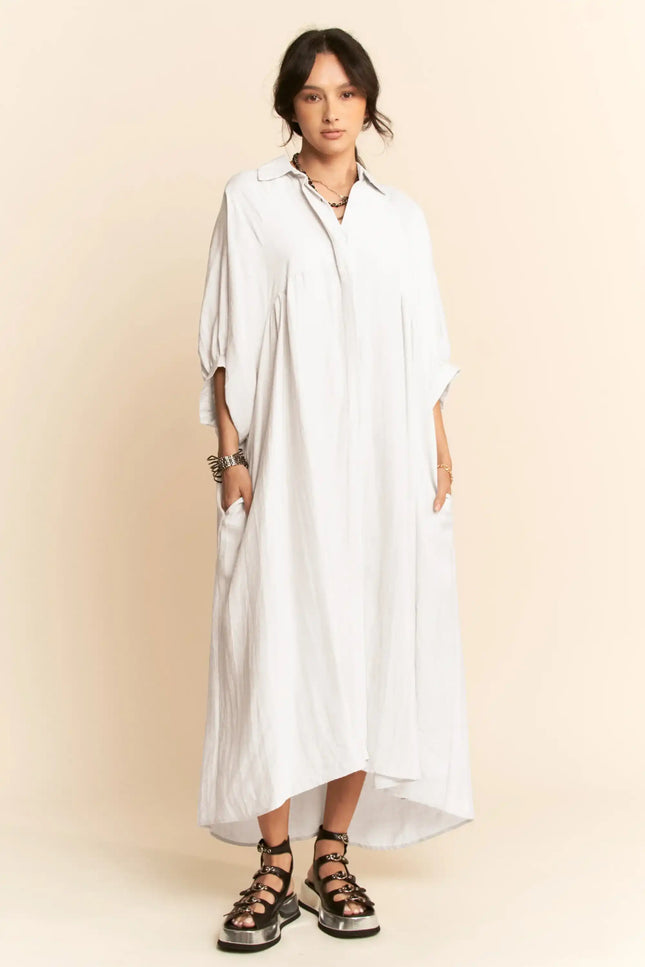 Oversized Shirtdress Midi – High-Low Hem Relaxed Fit Pocket Dress