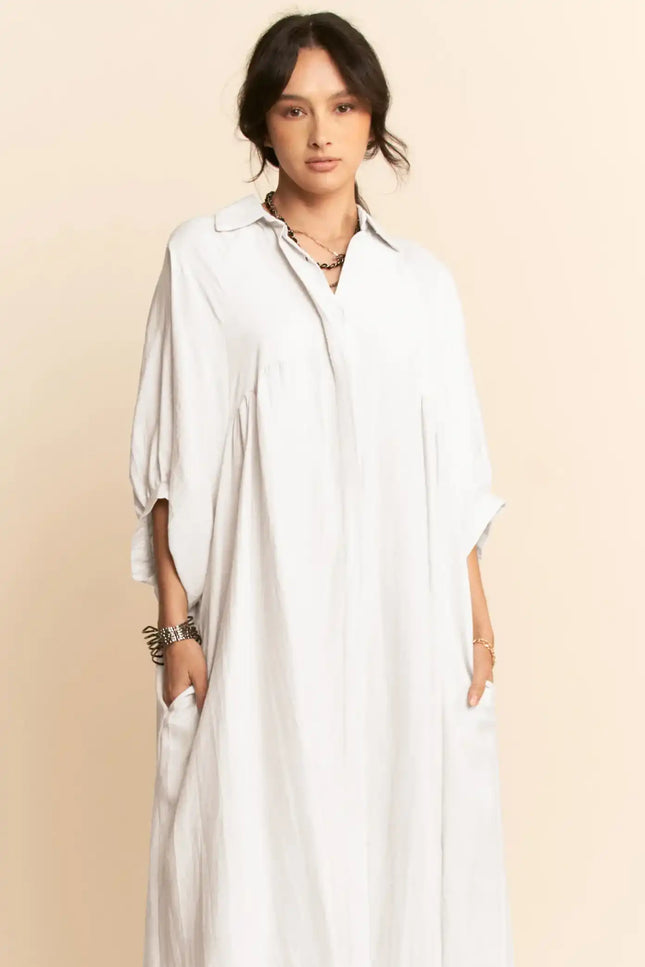 Oversized Shirtdress Midi – High-Low Hem Relaxed Fit Pocket Dress
