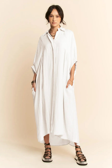 Oversized Shirtdress Midi – High-Low Hem Relaxed Fit Pocket Dress