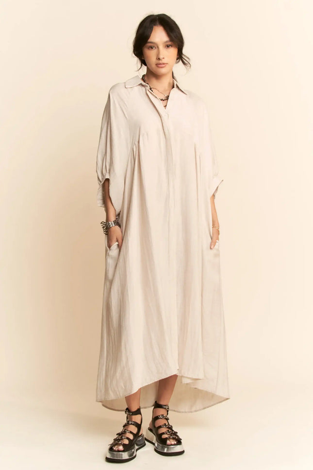 Oversized Shirtdress Midi – High-Low Hem Relaxed Fit Pocket Dress