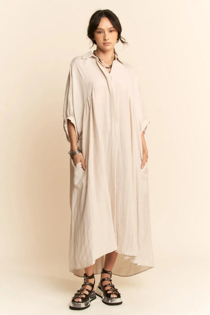 Oversized Shirtdress Midi – High-Low Hem Relaxed Fit Pocket Dress