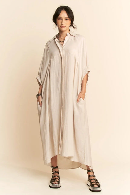 Oversized Shirtdress Midi – High-Low Hem Relaxed Fit Pocket Dress