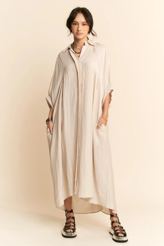 Oversized Shirtdress Midi – High-Low Hem Relaxed Fit Pocket Dress