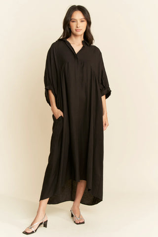 Oversized Shirtdress Midi – High-Low Hem Relaxed Fit Pocket Dress