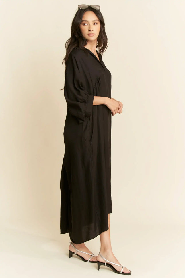Oversized Shirtdress Midi – High-Low Hem Relaxed Fit Pocket Dress