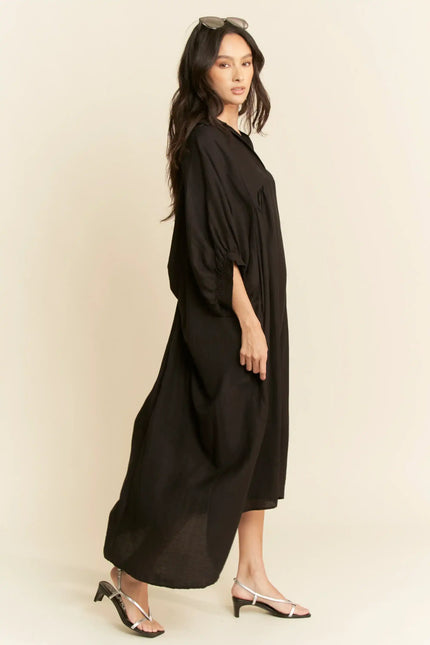 Oversized Shirtdress Midi – High-Low Hem Relaxed Fit Pocket Dress