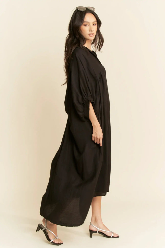 Oversized Shirtdress Midi – High-Low Hem Relaxed Fit Pocket Dress