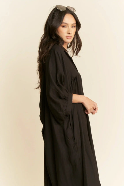 Oversized Shirtdress Midi – High-Low Hem Relaxed Fit Pocket Dress