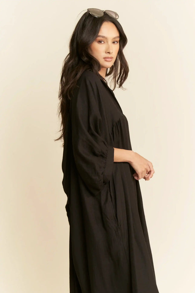 Oversized Shirtdress Midi – High-Low Hem Relaxed Fit Pocket Dress