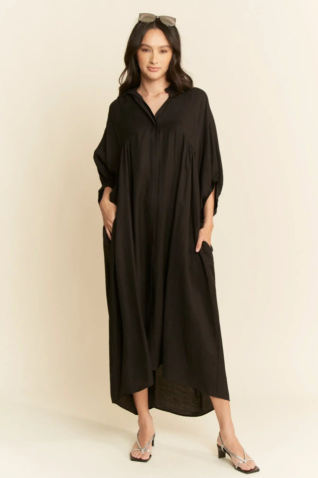 Oversized Shirtdress Midi – High-Low Hem Relaxed Fit Pocket Dress