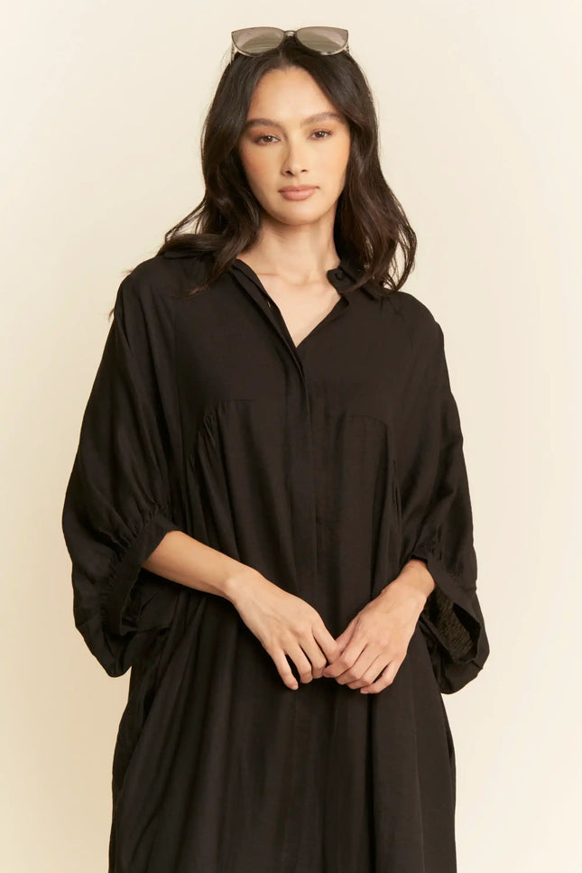 Oversized Shirtdress Midi – High-Low Hem Relaxed Fit Pocket Dress