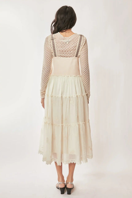 Lace Trim Suspender Maxi Dress – Tiered Apron Style with Adjustable Straps