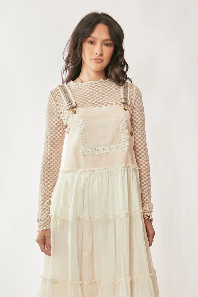 Lace Trim Suspender Maxi Dress – Tiered Apron Style with Adjustable Straps