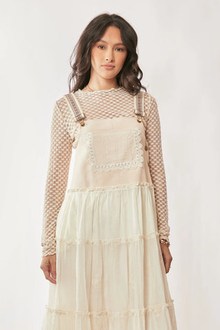Lace Trim Suspender Maxi Dress – Tiered Apron Style with Adjustable Straps