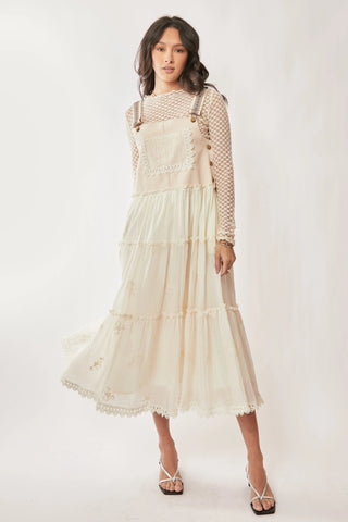 Lace Trim Suspender Maxi Dress – Tiered Apron Style with Adjustable Straps
