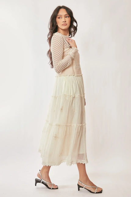 Lace Trim Suspender Maxi Dress – Tiered Apron Style with Adjustable Straps