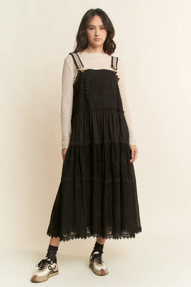 Lace Trim Suspender Maxi Dress – Tiered Apron Style with Adjustable Straps