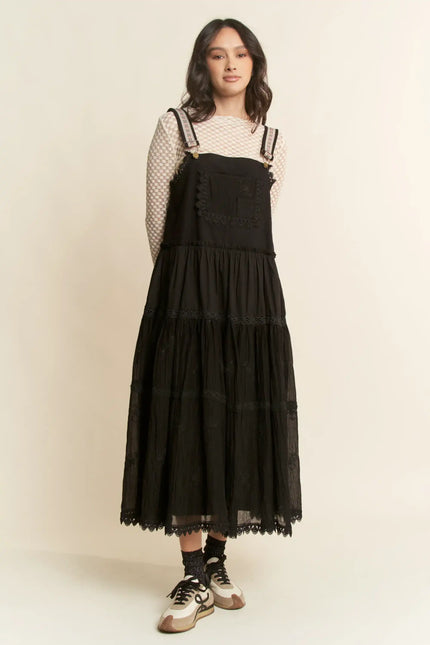 Lace Trim Suspender Maxi Dress – Tiered Apron Style with Adjustable Straps