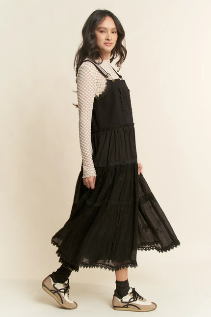 Lace Trim Suspender Maxi Dress – Tiered Apron Style with Adjustable Straps