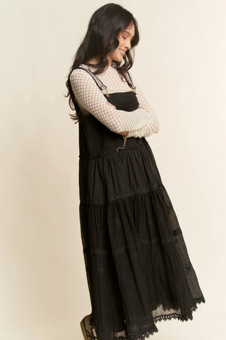 Lace Trim Suspender Maxi Dress – Tiered Apron Style with Adjustable Straps