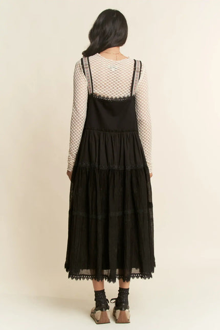Lace Trim Suspender Maxi Dress – Tiered Apron Style with Adjustable Straps