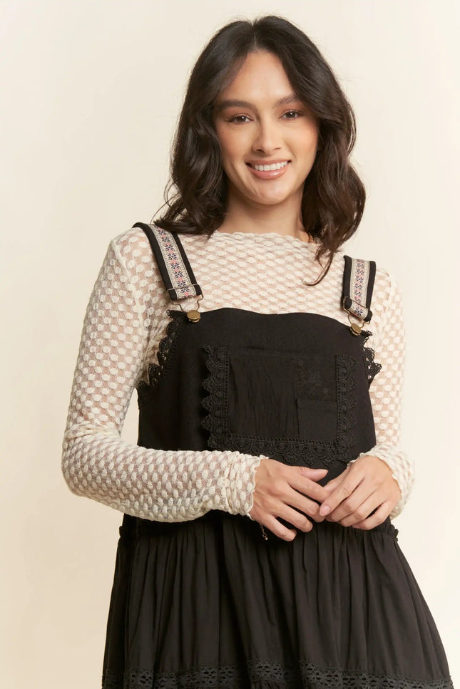 Lace Trim Suspender Maxi Dress – Tiered Apron Style with Adjustable Straps