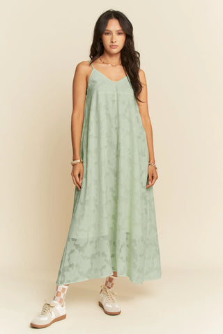 Textured Jacquard Slip Dress – Adjustable Strap Flowy Midi with Pockets