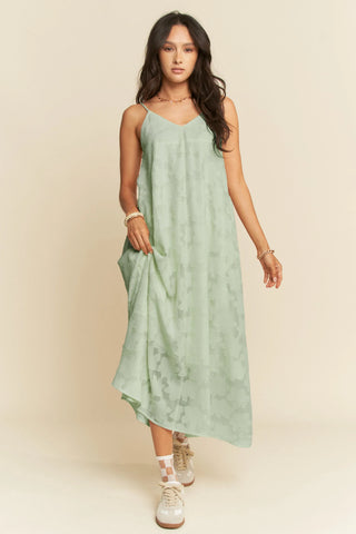 Textured Jacquard Slip Dress – Adjustable Strap Flowy Midi with Pockets