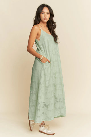 Textured Jacquard Slip Dress – Adjustable Strap Flowy Midi with Pockets