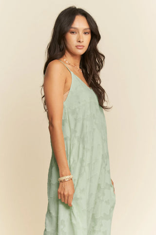 Textured Jacquard Slip Dress – Adjustable Strap Flowy Midi with Pockets
