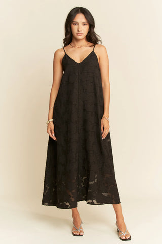 Textured Jacquard Slip Dress – Adjustable Strap Flowy Midi with Pockets