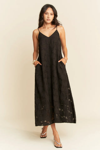 Textured Jacquard Slip Dress – Adjustable Strap Flowy Midi with Pockets