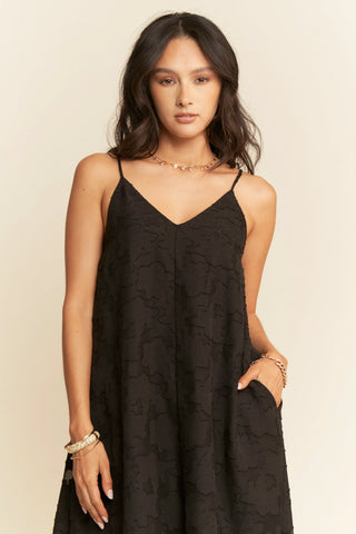 Textured Jacquard Slip Dress – Adjustable Strap Flowy Midi with Pockets