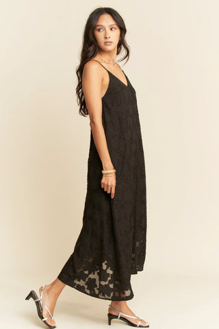 Textured Jacquard Slip Dress – Adjustable Strap Flowy Midi with Pockets